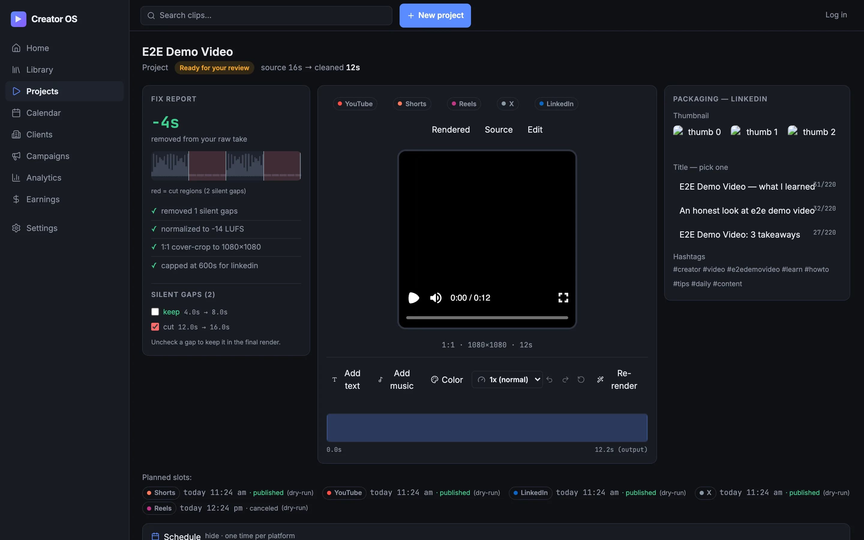 Editor with a timeline showing kept segments, a transition picker open, and text overlay applied