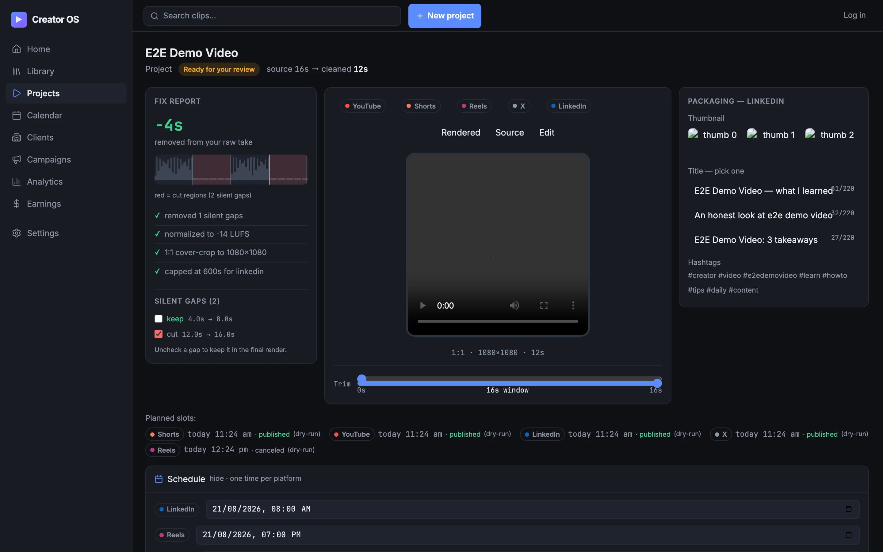 Review workspace showing the auto-cut plan with silences flagged and zoom moments marked